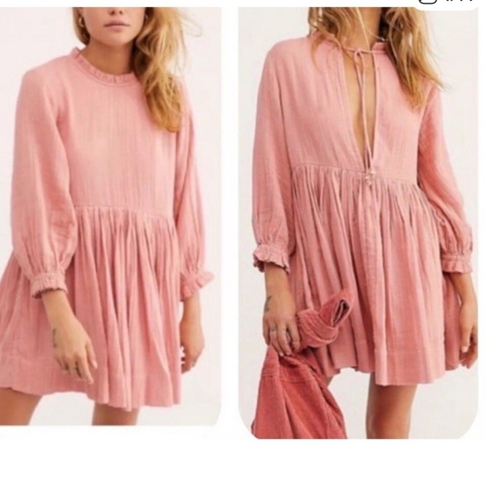Free People Living For This Mini Dress Pink Cotton Gauze Boho Long Sleeve Medium